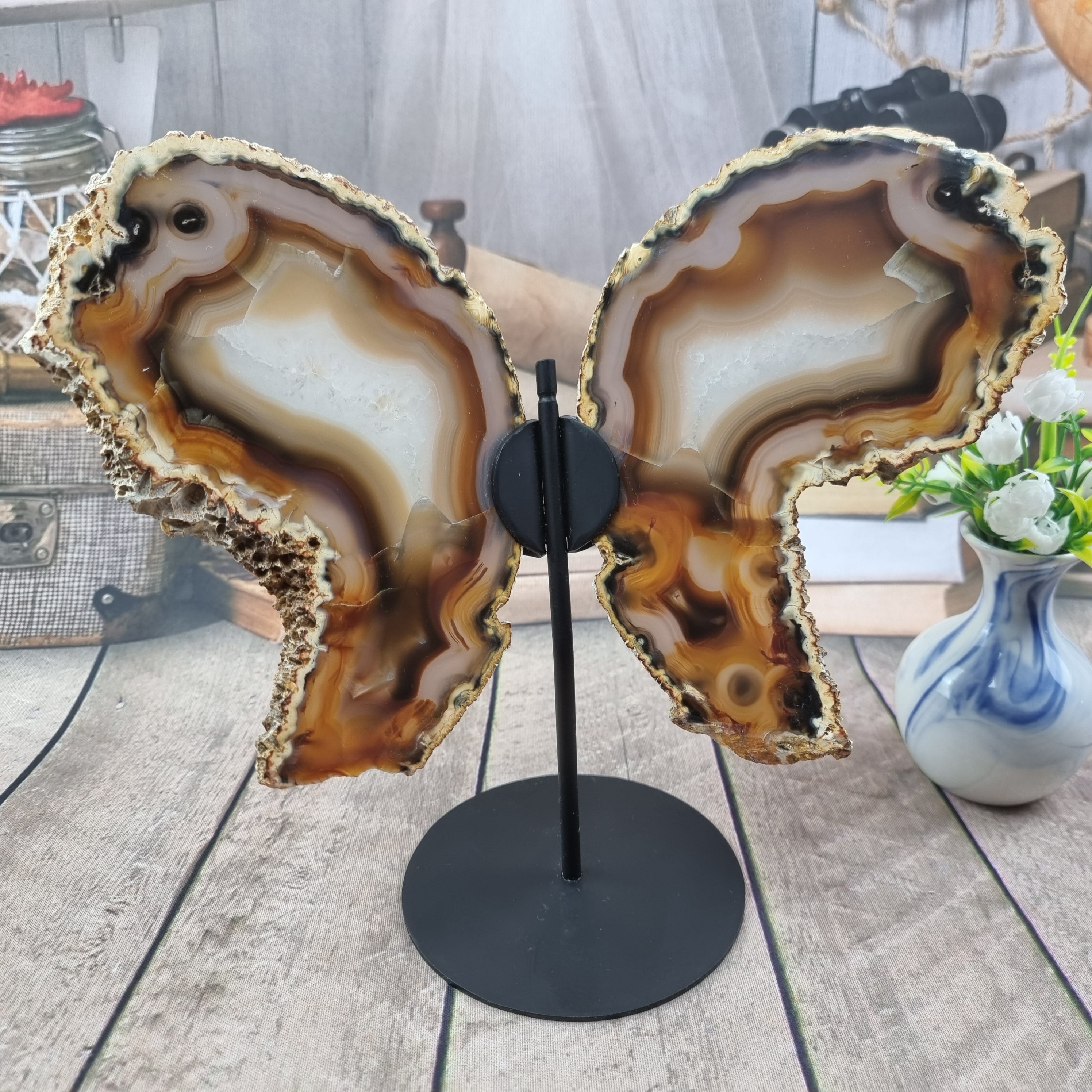 Natural Agate Butterflies size 30 cm height iron base and weight 900 kg