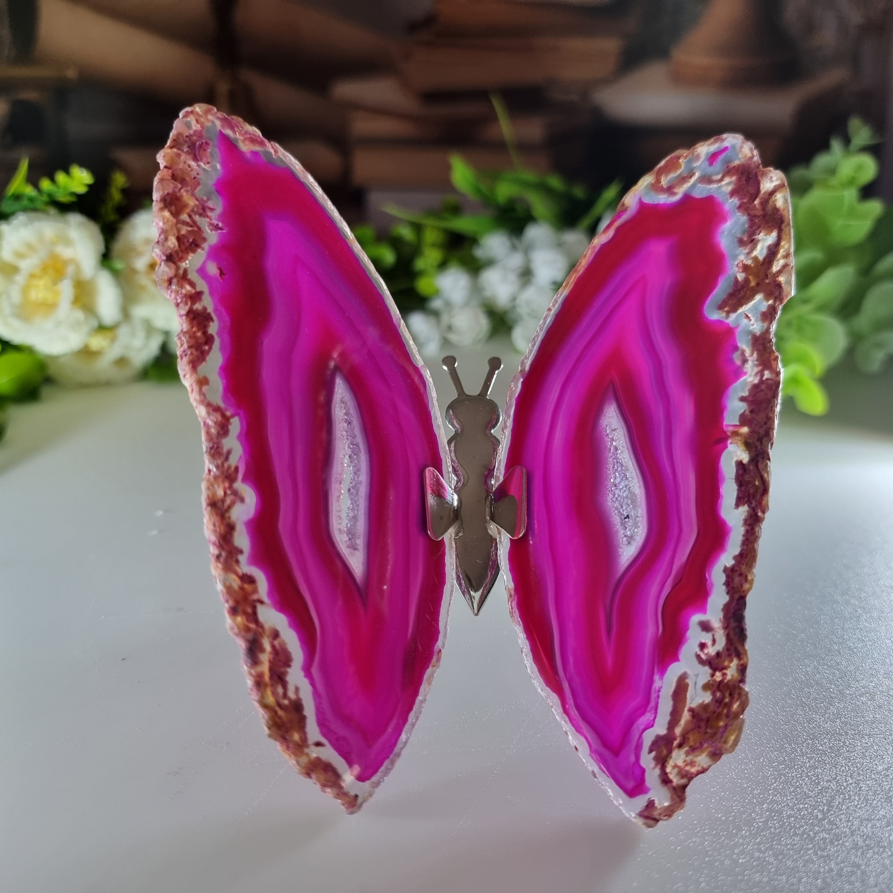 Ágata Natural Mariposas Insecto tamaño 8 a 10 cm Plata y peso 110 gramos