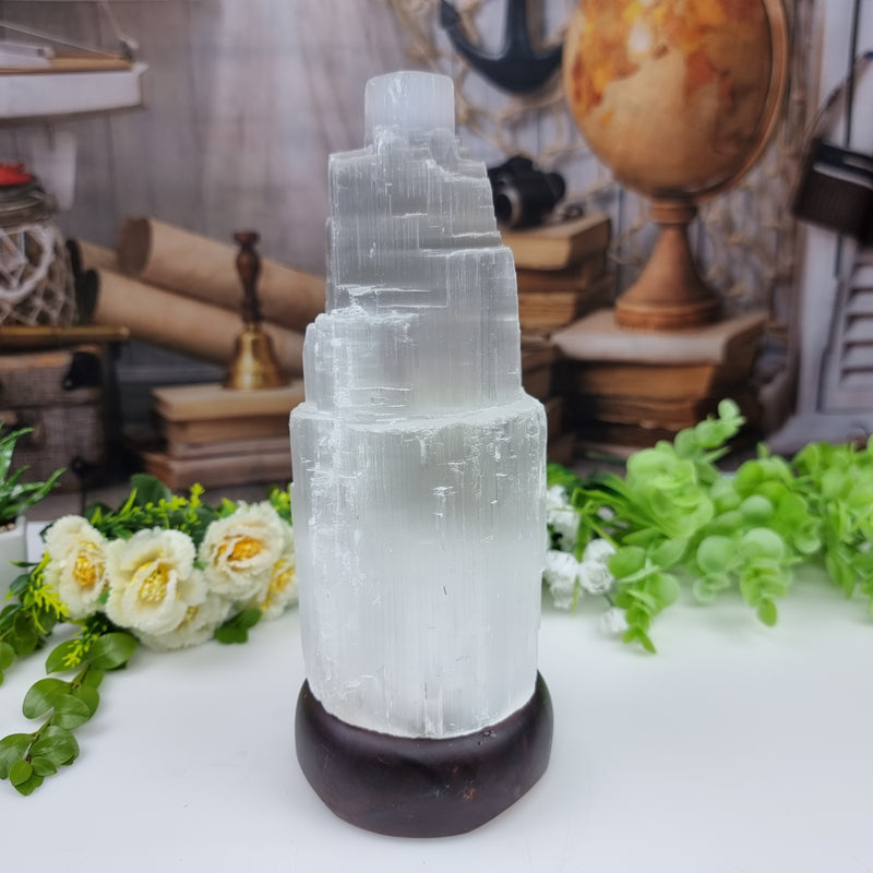 Selenite lamp with wooden base and LED lighting, height 20 to 40 cm