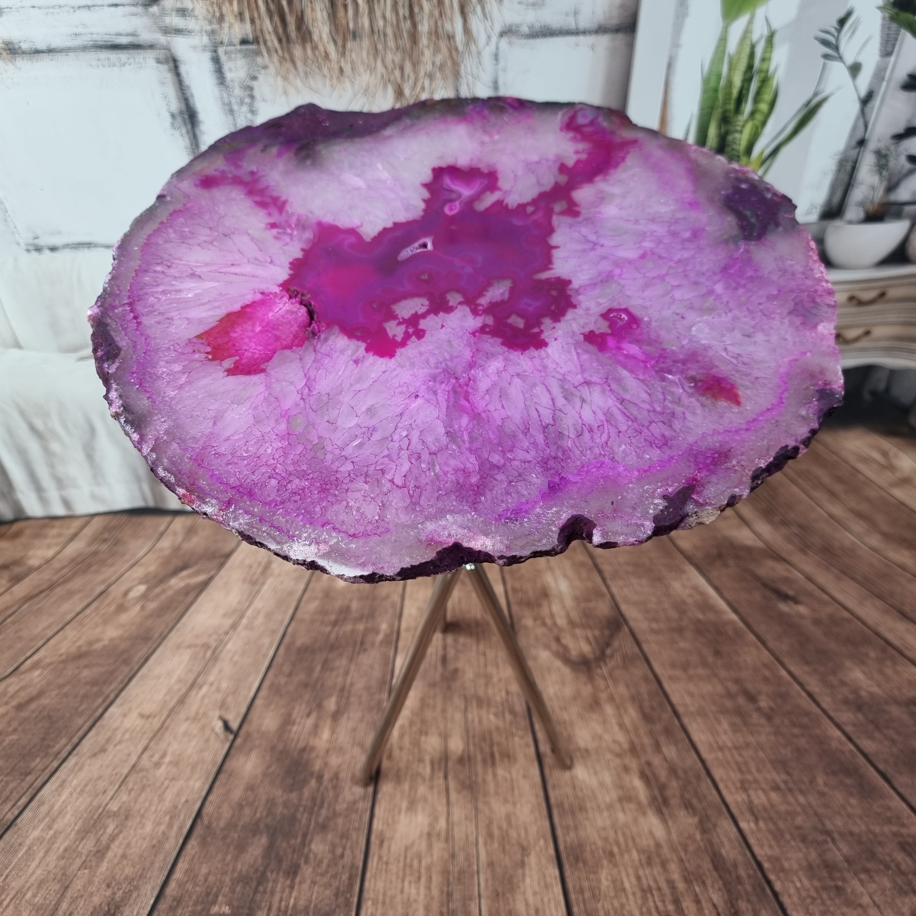 Side Table Natural Agates Thin Plates golden base 60 cm high, total weight 5 kg