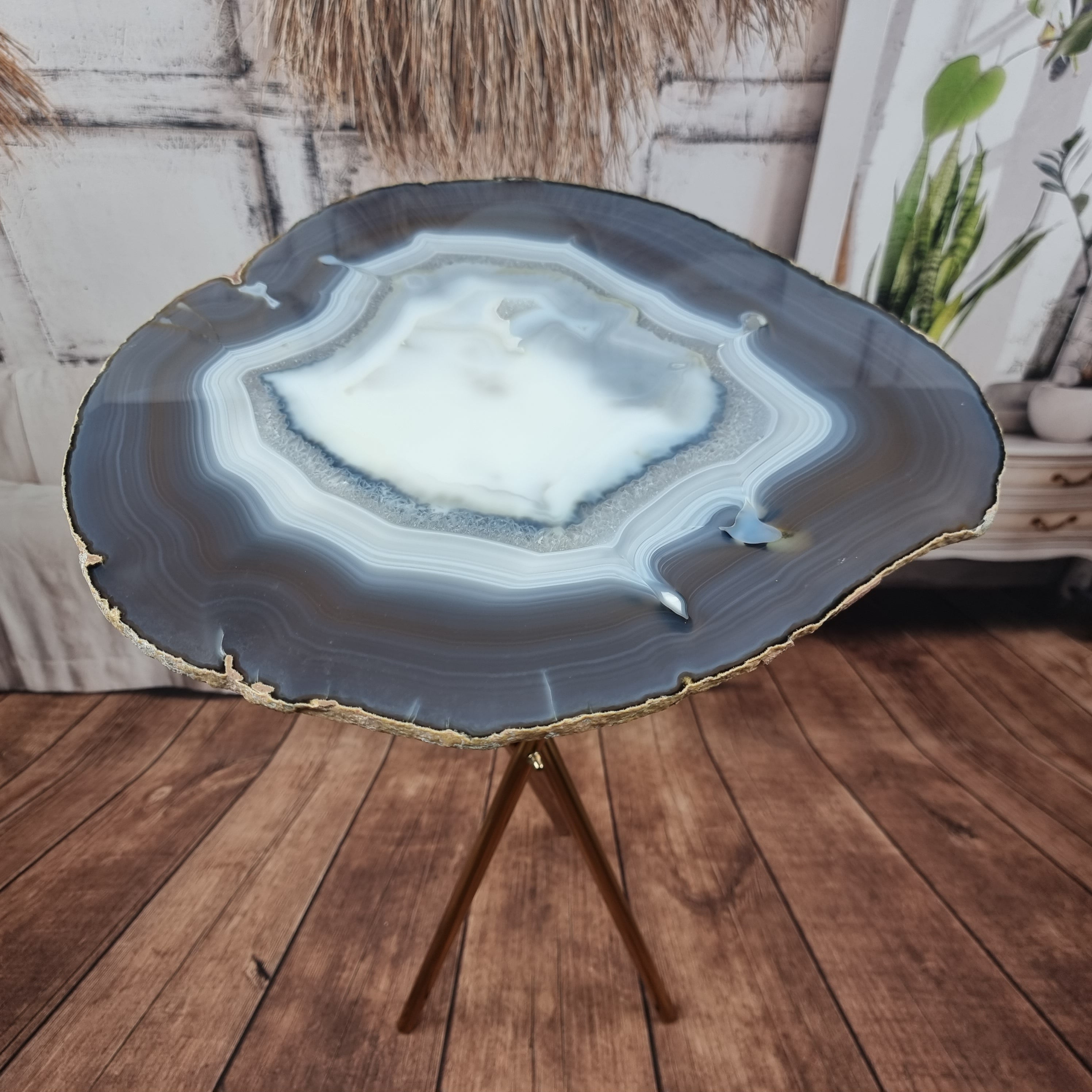 Side Table Natural Agates Thin Plates golden base 60 cm high, total weight 5 kg