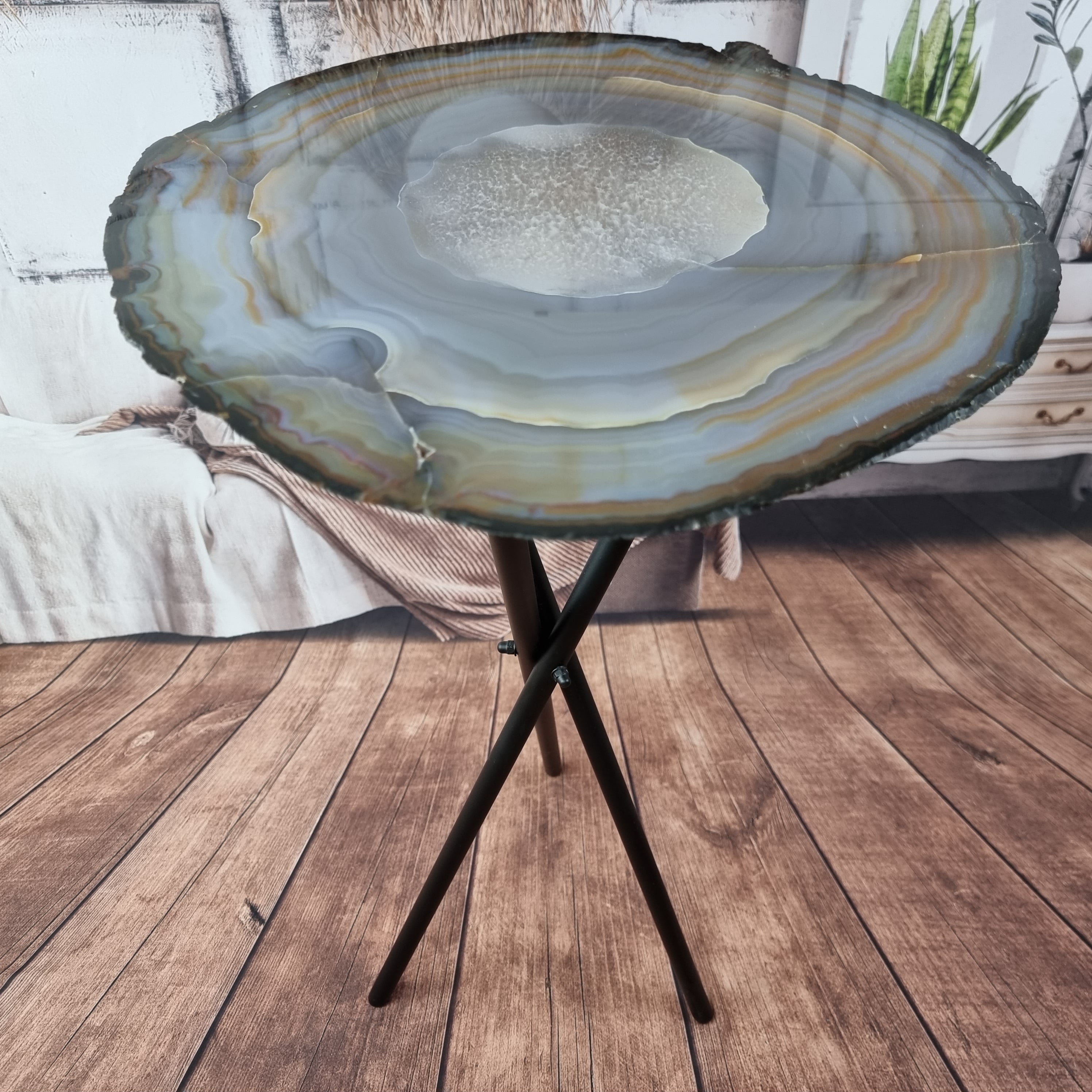 Side Table Natural Agates Thin Plates golden base 60 cm high, total weight 5 kg
