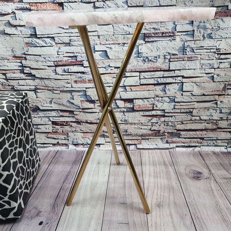 Rose Quartz Side Table with golden base 60 cm height, total weight 5 kg