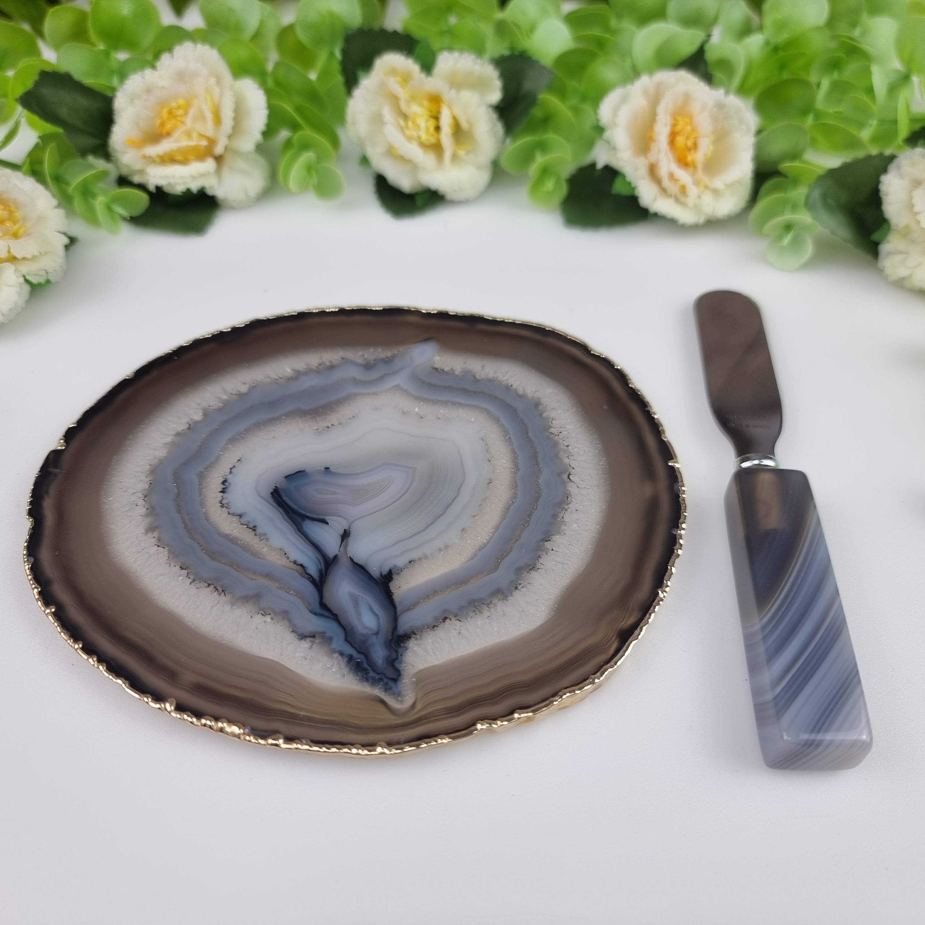 Portavasos Frigoríficos de Ágata con Bordes Dorados y Espátula - Medida 15 a 18 cm 1 Pieza