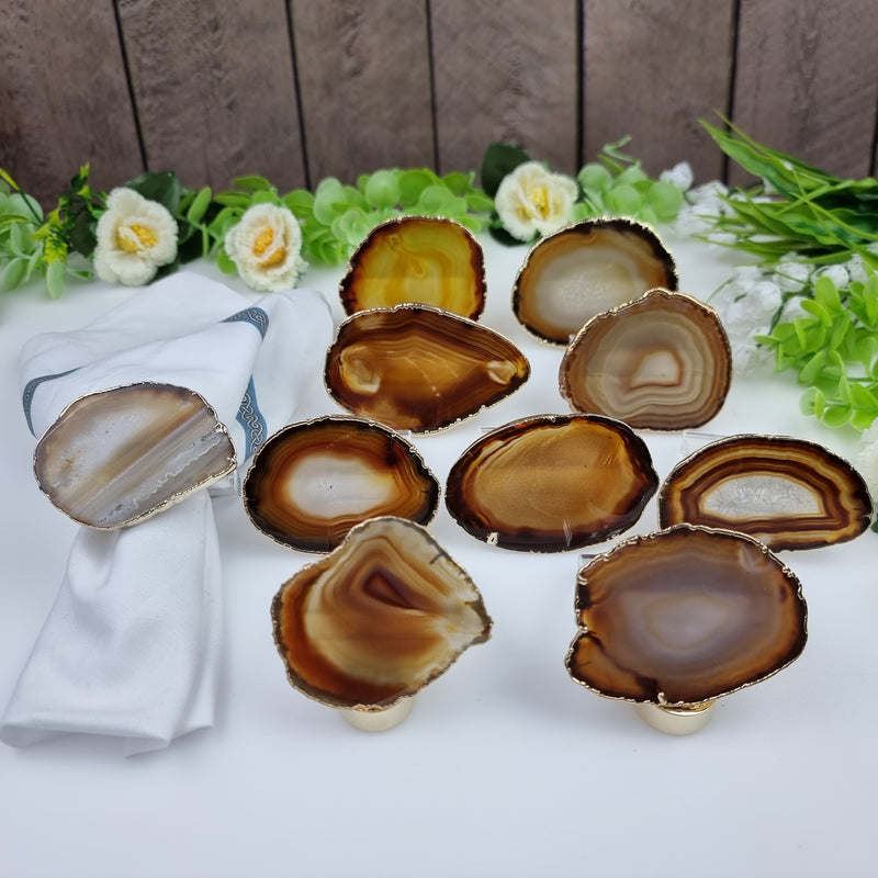 Porta Guardanapos de Ágatas BANHO Dourado | Kit 10 Unidades, Tamanho 7 a 10 cm | Peça Artesanal BR Crystals