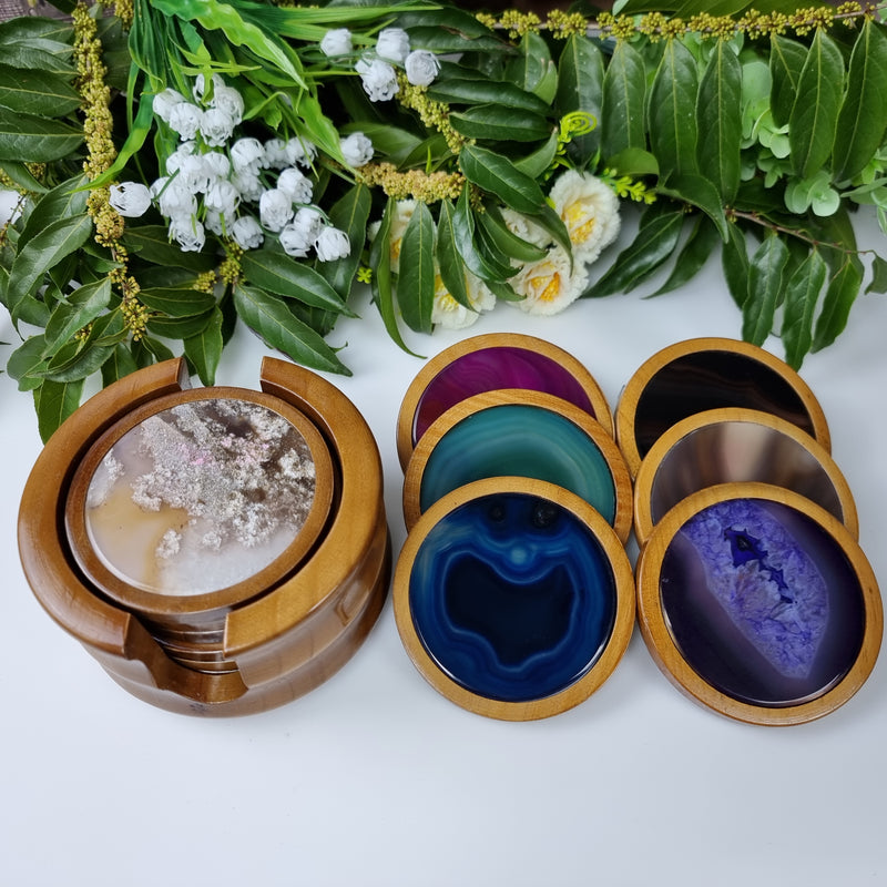 KIT posavasos ágata con base de madera 6 unidades piedras naturales 1,60 kg
