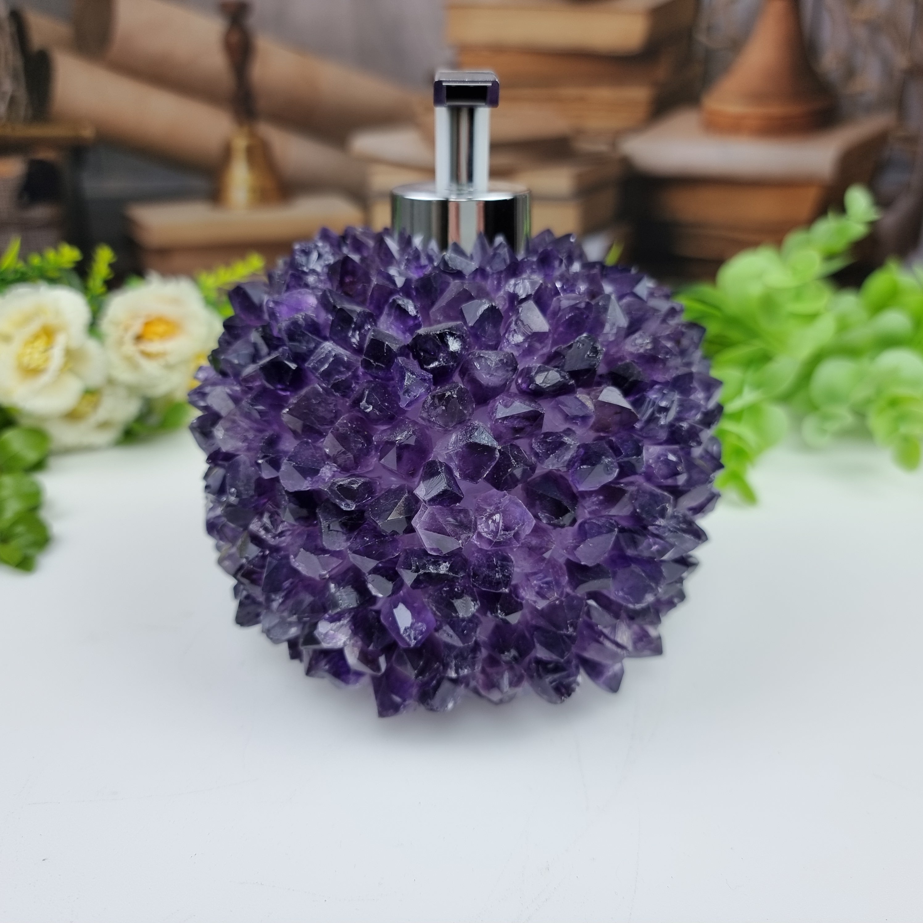 Amethyst Soap Dish Crystals Quality Extra height 15 cm Gold and Silver Mouth